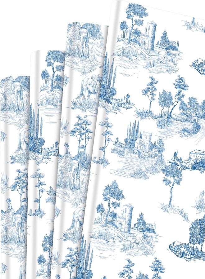 Bolsome 12Pcs French Style Wrapping Paper Blue White Vintage Village Printed Gift Wrap Paper Rustic French Toile Gift Wrap Paper for Wedding Bridal Shower Birthday DIY Craft - Image 1
